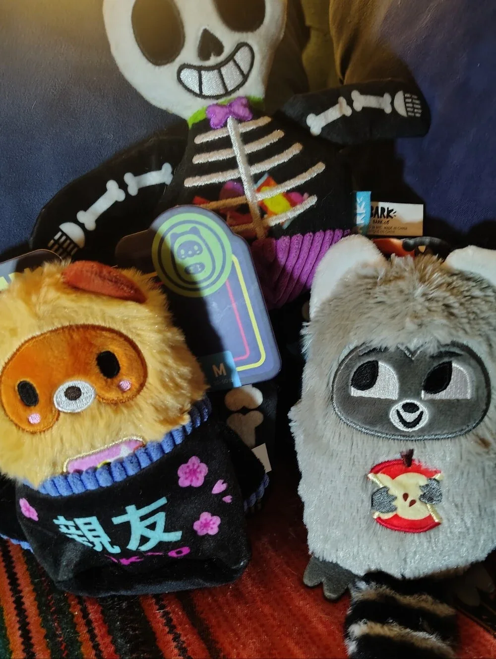 NWT BarkBox Halloween Dog Toy Lot of 3-Rickie Raccoon, Tanuki Tamiko&Barry Bones